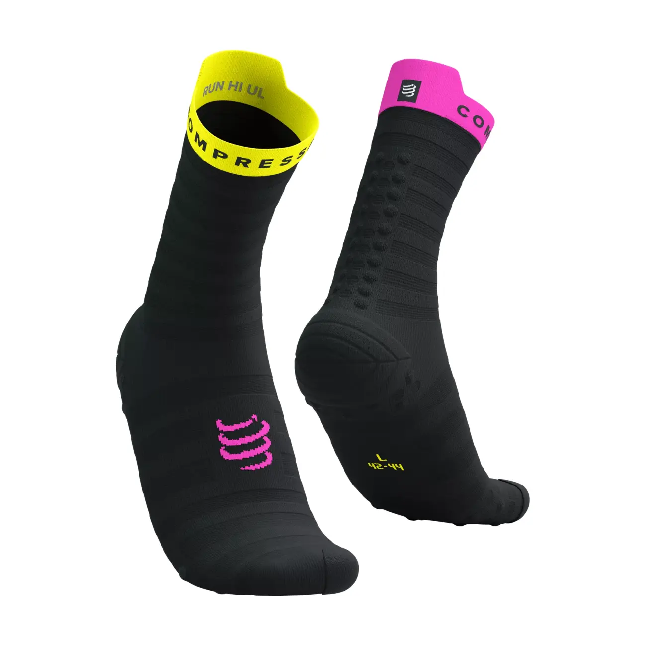 
                COMPRESSPORT Cyklistické ponožky klasické - PRO RACING V4.0 ULTRALIGHT RUN - čierna/žltá/ružová 35-38
            